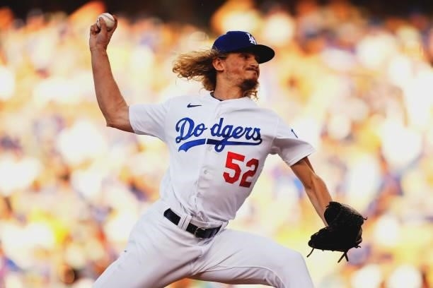 Phil Bickford of the Los Angeles Dodgers pitches during the game between the Chicago Cubs and the Los Angeles Dodgers at Dodgers Stadium on Saturday,...