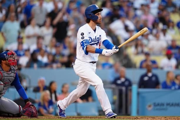 Cody Bellinger of the Los Angeles Dodgers hits a walk-off home run during the game between the Chicago Cubs and the Los Angeles Dodgers at Dodgers...