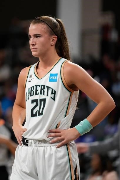 Sabrina Ionescu of the New York Liberty looks on during the game against the Atlanta Dream on June 26, 2021 at Gateway Center Arena in College Park,...