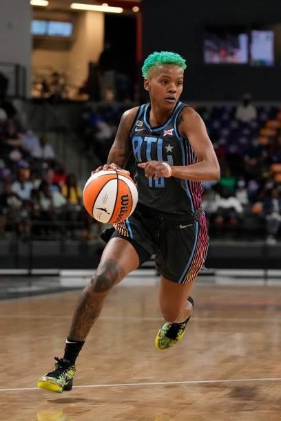 Courtney Williams of the Atlanta Dream drives to the basket against the New York Liberty on June 26, 2021 at Gateway Center Arena in College Park,...