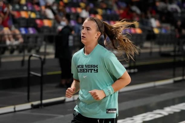 Sabrina Ionescu of the New York Liberty warms up before the game Atlanta Dream on June 26, 2021 at Gateway Center Arena in College Park, Georgia....