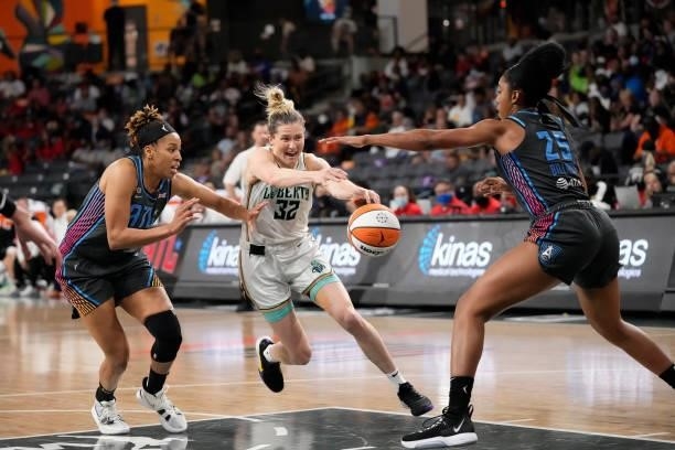 Sami Whitcomb of the New York Liberty drives to the basket against the Atlanta Dream on June 26, 2021 at Gateway Center Arena in College Park,...
