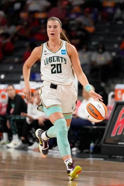 Sabrina Ionescu of the New York Liberty handles the ball against the Atlanta Dream on June 26, 2021 at Gateway Center Arena in College Park, Georgia....