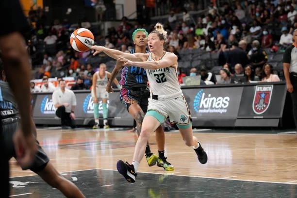 Sami Whitcomb of the New York Liberty passes the ball against the Atlanta Dream on June 26, 2021 at Gateway Center Arena in College Park, Georgia....