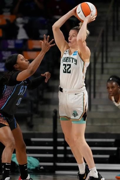 Sami Whitcomb of the New York Liberty looks to pass the ball against the Atlanta Dream on June 26, 2021 at Gateway Center Arena in College Park,...