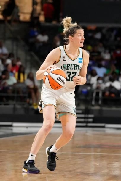 Sami Whitcomb of the New York Liberty handles the ball against the Atlanta Dream on June 26, 2021 at Gateway Center Arena in College Park, Georgia....