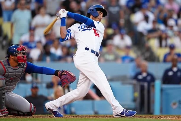 Cody Bellinger of the Los Angeles Dodgers hits a walk-off home run during the game between the Chicago Cubs and the Los Angeles Dodgers at Dodgers...