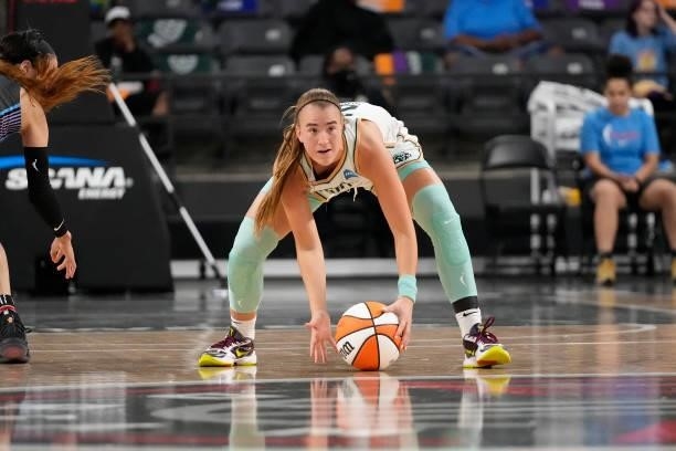 Sabrina Ionescu of the New York Liberty grabs the ball against the Atlanta Dream on June 26, 2021 at Gateway Center Arena in College Park, Georgia....