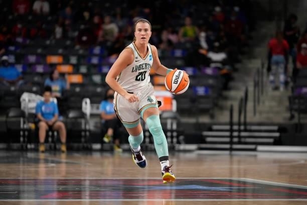 Sabrina Ionescu of the New York Liberty handles the ball against the Atlanta Dream on June 26, 2021 at Gateway Center Arena in College Park, Georgia....