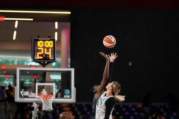 Kylee Shook of the New York Liberty jumps for the ball during the opening tip-off during the game against the Atlanta Dream on June 26, 2021 at...