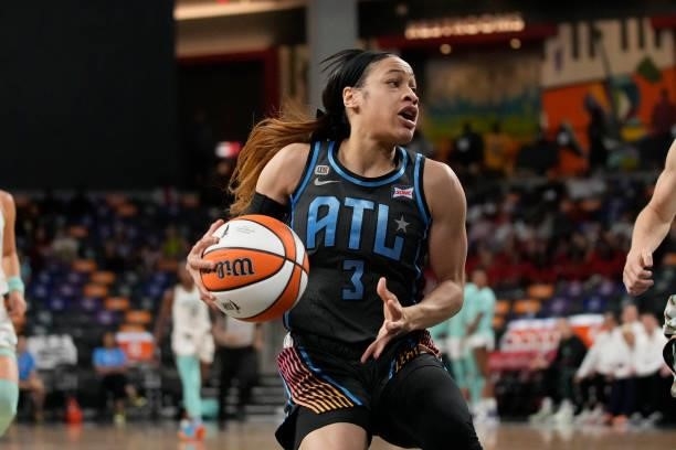 Chennedy Carter of the Atlanta Dream drives to the basket against the New York Liberty on June 26, 2021 at Gateway Center Arena in College Park,...