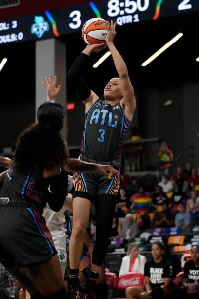 Chennedy Carter of the Atlanta Dream shoots the ball against the New York Liberty on June 26, 2021 at Gateway Center Arena in College Park, Georgia....