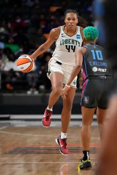 Betnijah Laney of the New York Liberty handles the ball against the Atlanta Dream on June 26, 2021 at Gateway Center Arena in College Park, Georgia....
