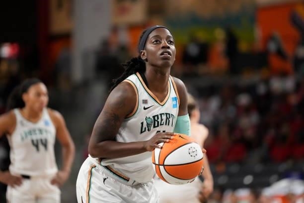 Jazmine Jones of the New York Liberty shoots the ball against the Atlanta Dream on June 26, 2021 at Gateway Center Arena in College Park, Georgia....