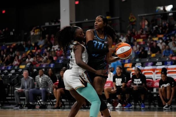 Cheyenne Parker of the Atlanta Dream looks to pass the ball against the New York Liberty on June 26, 2021 at Gateway Center Arena in College Park,...