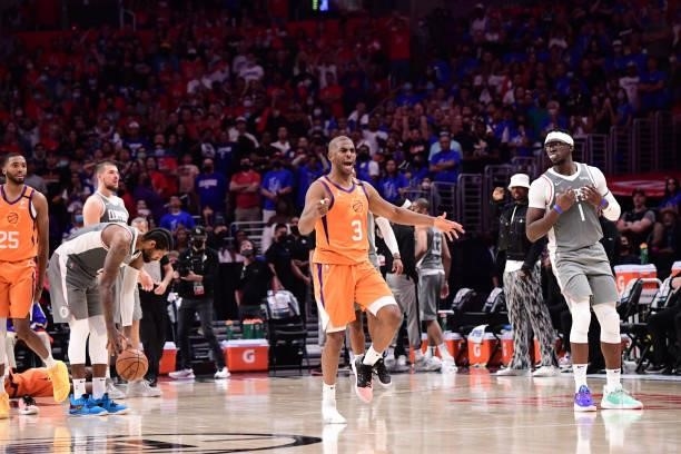 Chris Paul of the Phoenix Suns celebrates during Game 4 of the Western Conference Finals of the 2021 NBA Playoffs on June 26, 2021 at STAPLES Center...