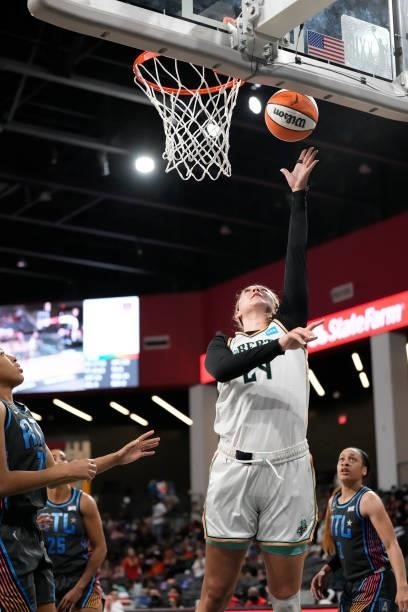 Kylee Shook of the New York Liberty shoots the ball against the Atlanta Dream on June 26, 2021 at Gateway Center Arena in College Park, Georgia. NOTE...