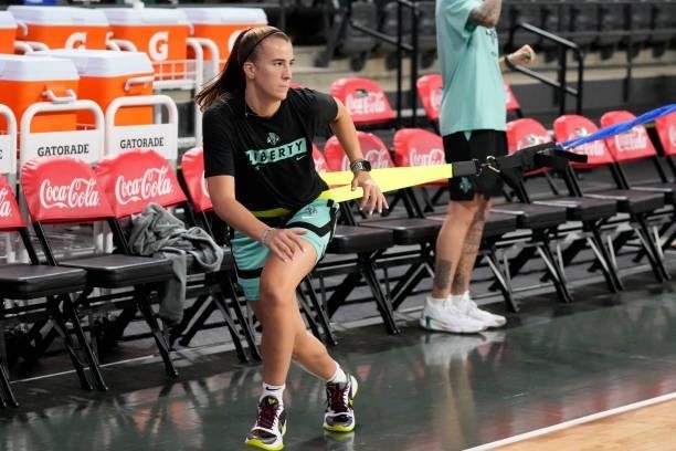 Sabrina Ionescu of the New York Liberty warms up before the game against the Atlanta Dream on June 26, 2021 at Gateway Center Arena in College Park,...