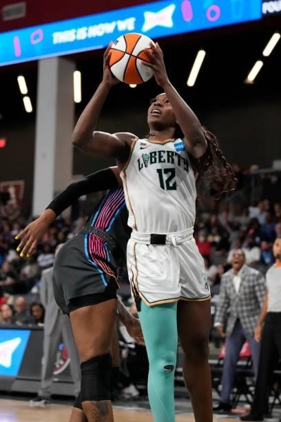 Michaela Onyenwere of the New York Liberty shoots the ball against the Atlanta Dream on June 26, 2021 at Gateway Center Arena in College Park,...