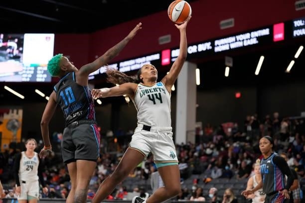 Betnijah Laney of the New York Liberty shoots the ball against the Atlanta Dream on June 26, 2021 at Gateway Center Arena in College Park, Georgia....