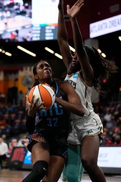 Cheyenne Parker of the Atlanta Dream drives to the basket against the New York Liberty on June 26, 2021 at Gateway Center Arena in College Park,...