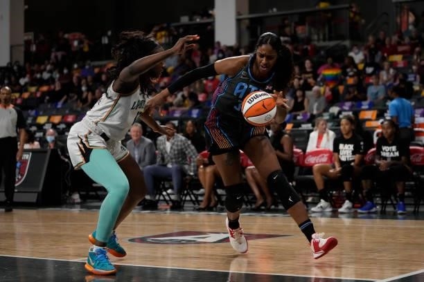 Cheyenne Parker of the Atlanta Dream drives to the basket against the New York Liberty on June 26, 2021 at Gateway Center Arena in College Park,...