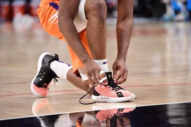 The sneakers worn by Chris Paul of the Phoenix Suns during Game 4 of the Western Conference Finals of the 2021 NBA Playoffs on June 26, 2021 at...