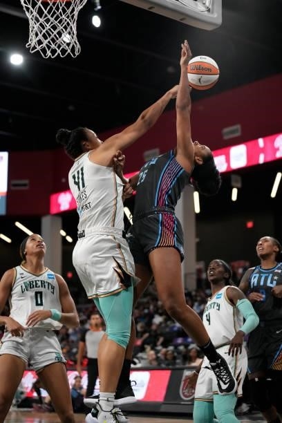 Kiah Stokes of the New York Liberty blocks the ball against the Atlanta Dream on June 26, 2021 at Gateway Center Arena in College Park, Georgia. NOTE...