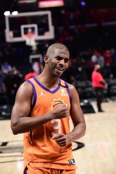 Chris Paul of the Phoenix Suns celebrates after the game against the LA Clippers during Game 4 of the Western Conference Finals of the 2021 NBA...
