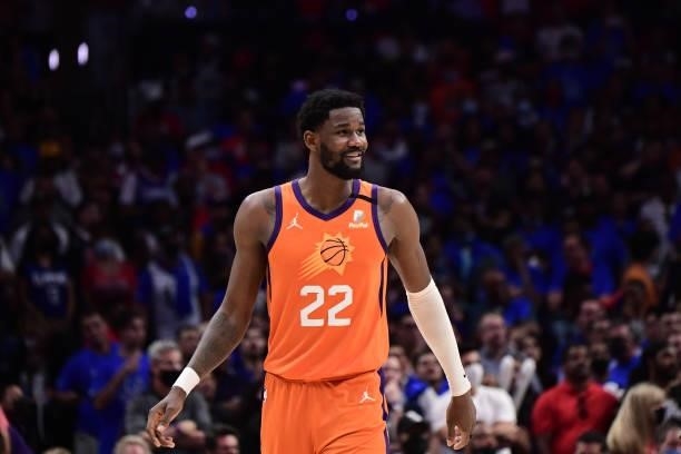 Deandre Ayton of the Phoenix Suns smiles during Game 4 of the Western Conference Finals of the 2021 NBA Playoffs on June 26, 2021 at STAPLES Center...