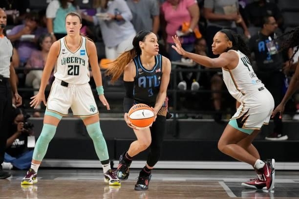 Chennedy Carter of the Atlanta Dream handles the ball against the New York Liberty on June 26, 2021 at Gateway Center Arena in College Park, Georgia....