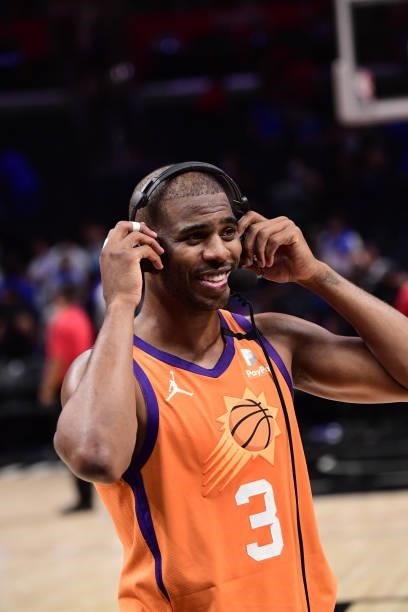 Chris Paul of the Phoenix Suns interviews after the game against the LA Clippers during Game 4 of the Western Conference Finals of the 2021 NBA...