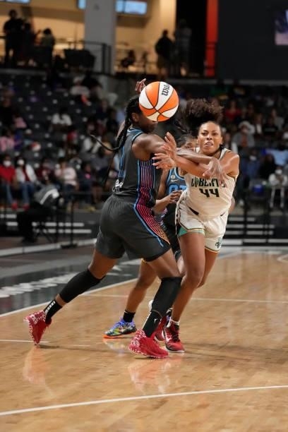 Betnijah Laney of the New York Liberty passes the ball against the Atlanta Dream on June 26, 2021 at Gateway Center Arena in College Park, Georgia....