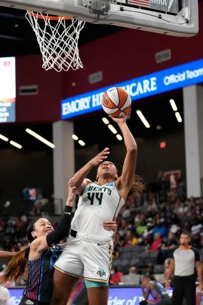 Betnijah Laney of the New York Liberty shoots the ball against the Atlanta Dream on June 26, 2021 at Gateway Center Arena in College Park, Georgia....