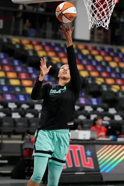 Kiah Stokes of the New York Liberty warms up before the game against the Atlanta Dream on June 26, 2021 at Gateway Center Arena in College Park,...