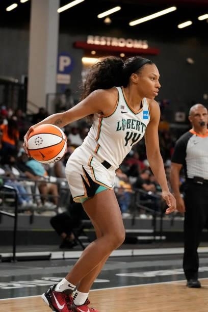 Betnijah Laney of the New York Liberty handles the ball against the Atlanta Dream on June 26, 2021 at Gateway Center Arena in College Park, Georgia....