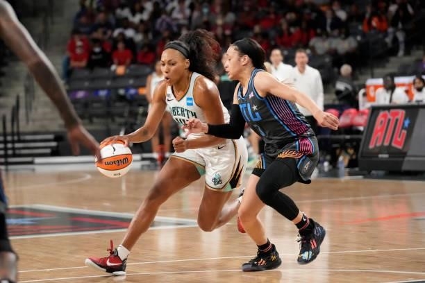 Betnijah Laney of the New York Liberty drives to the basket against the Atlanta Dream on June 26, 2021 at Gateway Center Arena in College Park,...