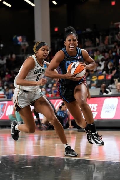 Monique Billings of the Atlanta Dream drives to the basket against the New York Liberty on June 26, 2021 at Gateway Center Arena in College Park,...