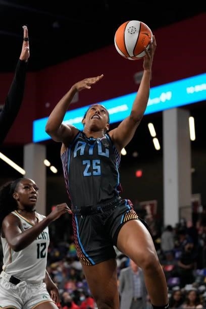 Monique Billings of the Atlanta Dream shoots the ball against the New York Liberty on June 26, 2021 at Gateway Center Arena in College Park, Georgia....