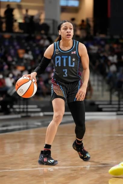 Chennedy Carter of the Atlanta Dream handles the ball against the New York Liberty on June 26, 2021 at Gateway Center Arena in College Park, Georgia....