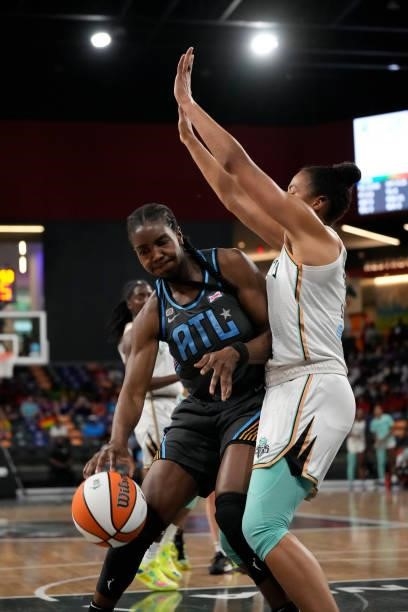 Elizabeth Williams of the Atlanta Dream drives to the basket against the New York Liberty on June 26, 2021 at Gateway Center Arena in College Park,...