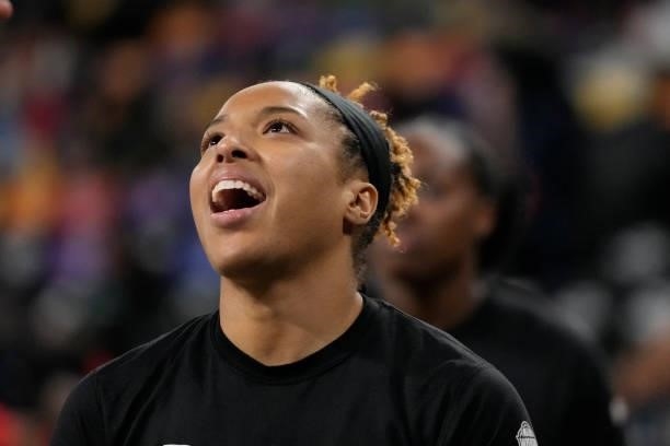 Tianna Hawkins of the Atlanta Dream smiles before the game against the New York Liberty on June 26, 2021 at Gateway Center Arena in College Park,...