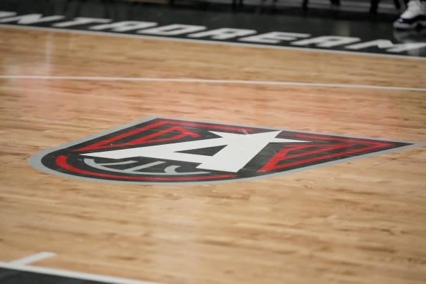 The Atlanta Dream logo seen on the court during the game on June 26, 2021 at Gateway Center Arena in College Park, Georgia. NOTE TO USER: User...