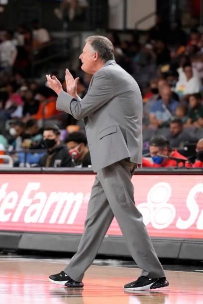 Head Coach, Mike Petersen of the Atlanta Dream claps during the game against the New York Liberty on June 26, 2021 at Gateway Center Arena in College...