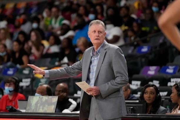Head Coach, Mike Petersen of the Atlanta Dream looks on during the game against the New York Liberty on June 26, 2021 at Gateway Center Arena in...