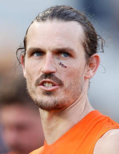 Phil Davis of the Giants looks on during the 2021 AFL Round 15 match between the GWS Giants and the Hawthorn Hawks at the Melbourne Cricket Ground on...