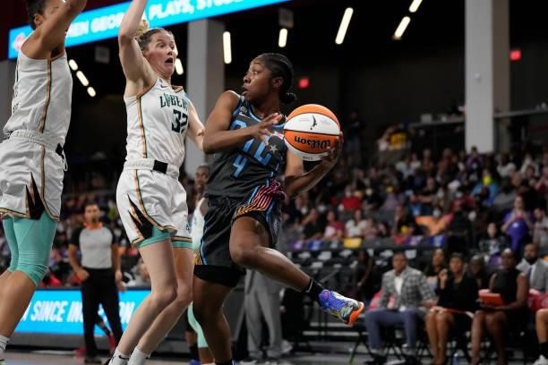 Aari McDonald of the Atlanta Dream looks to pass the ball against the New York Liberty on June 26, 2021 at Gateway Center Arena in College Park,...