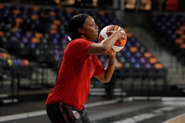 Odyssey Sims of the Atlanta Dream warms up before the game against the New York Liberty on June 26, 2021 at Gateway Center Arena in College Park,...