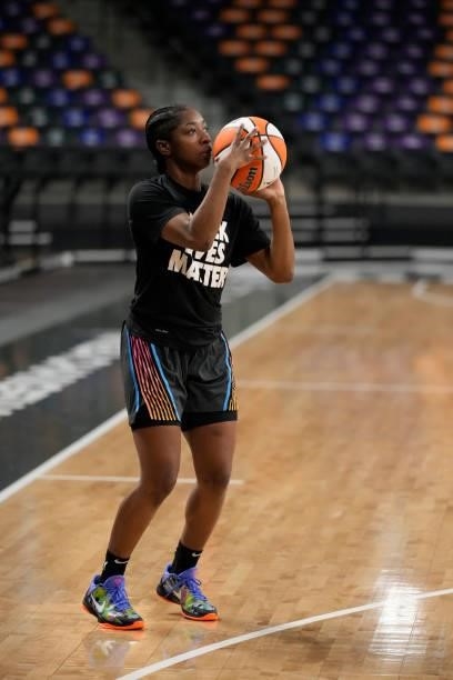 Aari McDonald of the Atlanta Dream warms up before the game against the New York Liberty on June 26, 2021 at Gateway Center Arena in College Park,...