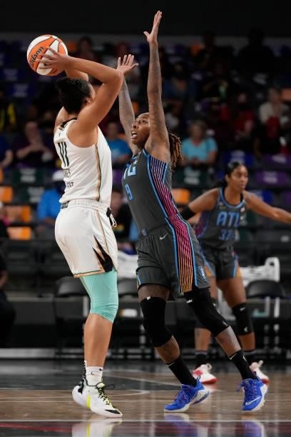Crystal Bradford of the Atlanta Dream plays defense against the New York Liberty on June 26, 2021 at Gateway Center Arena in College Park, Georgia....